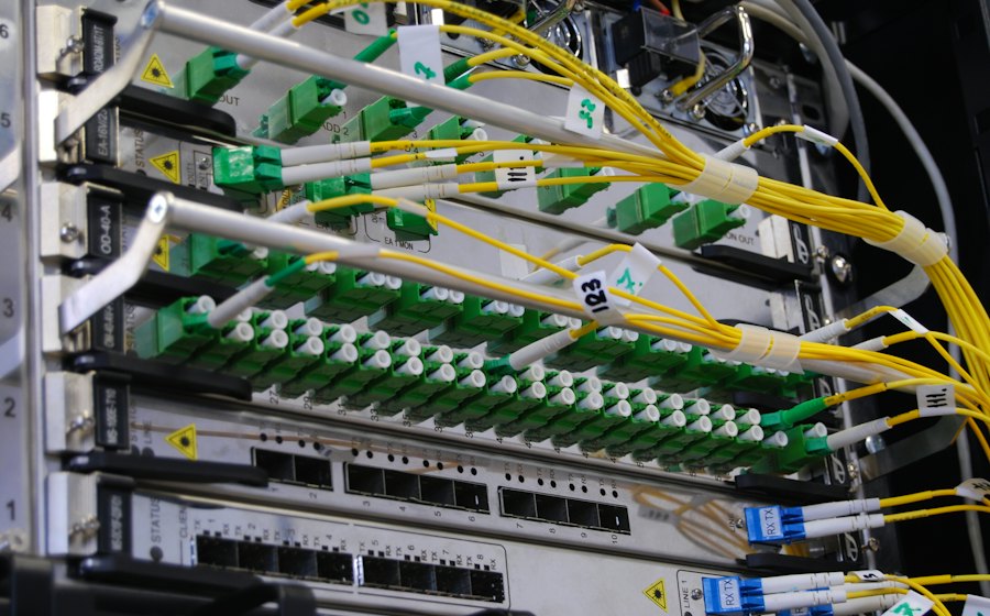 Cables de fibra óptica conectados a un switch de red